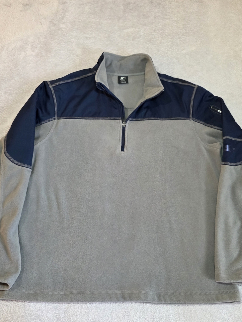 Starter Mens L Gray Navy Quarter Zip Fleece Pullover Colorblock